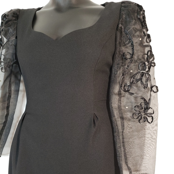 Size 10 Black Midi Sheath Dress with Sheer Sleeves. Preowned Michael Marcella - Picture 2 of 8